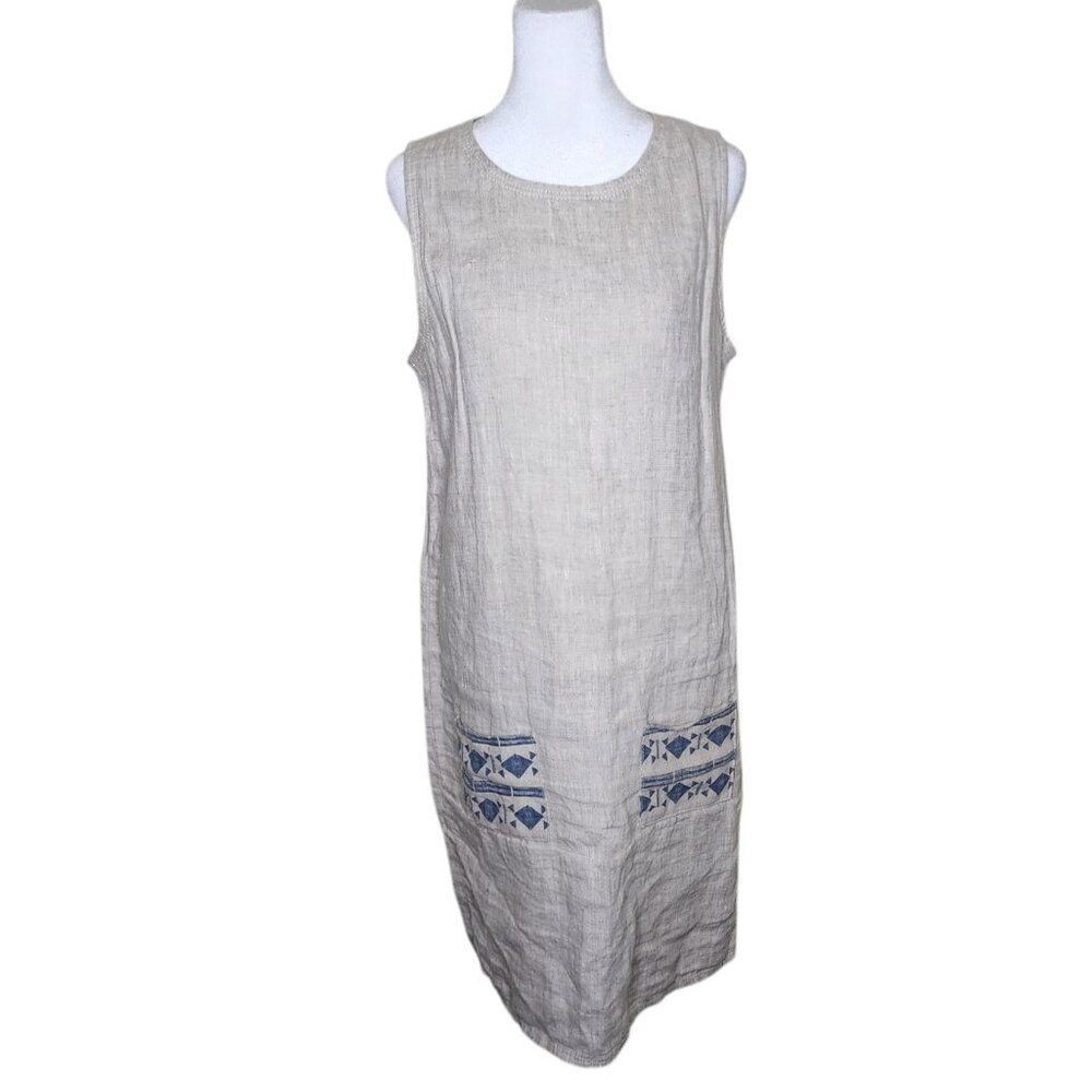 Paper and Fog The Little Linen Shift Dress Sleeveless Midi Womens Size L Beige